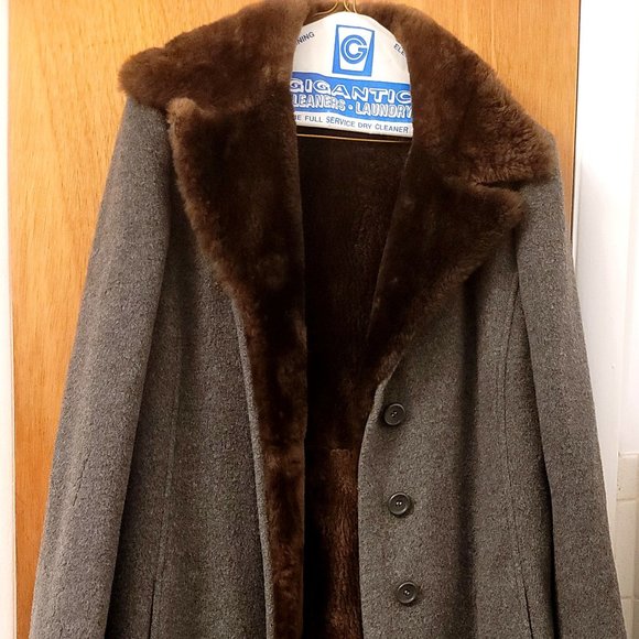Vintage Grey Wool Coat Lined with Nutria Fur